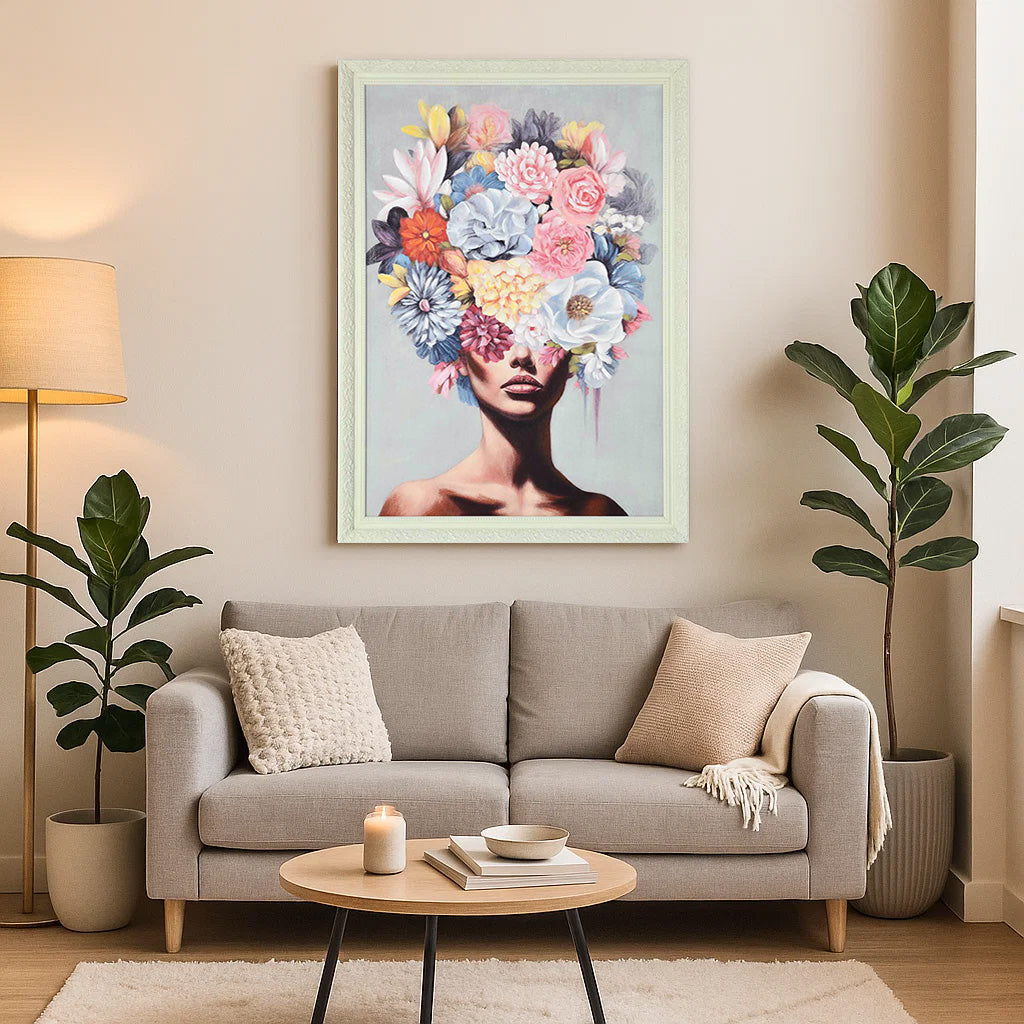 Lady with Floral Head Canvas Wall Painting- Multicolor
