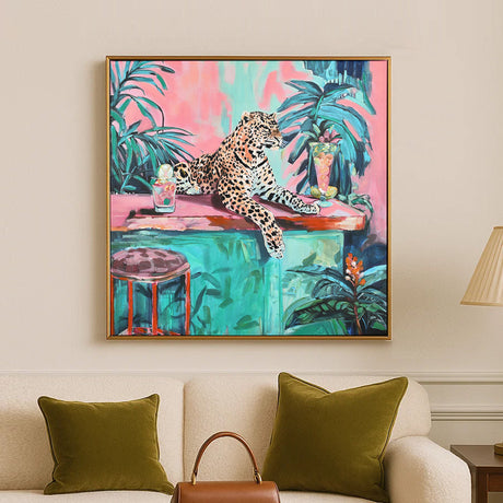 Sitting leopard canvas painting (green & pink) 1
