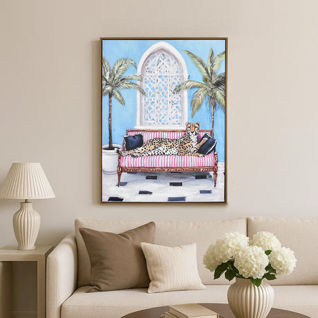 Cheetah facing right side lounging on pink striped sofa painting 1