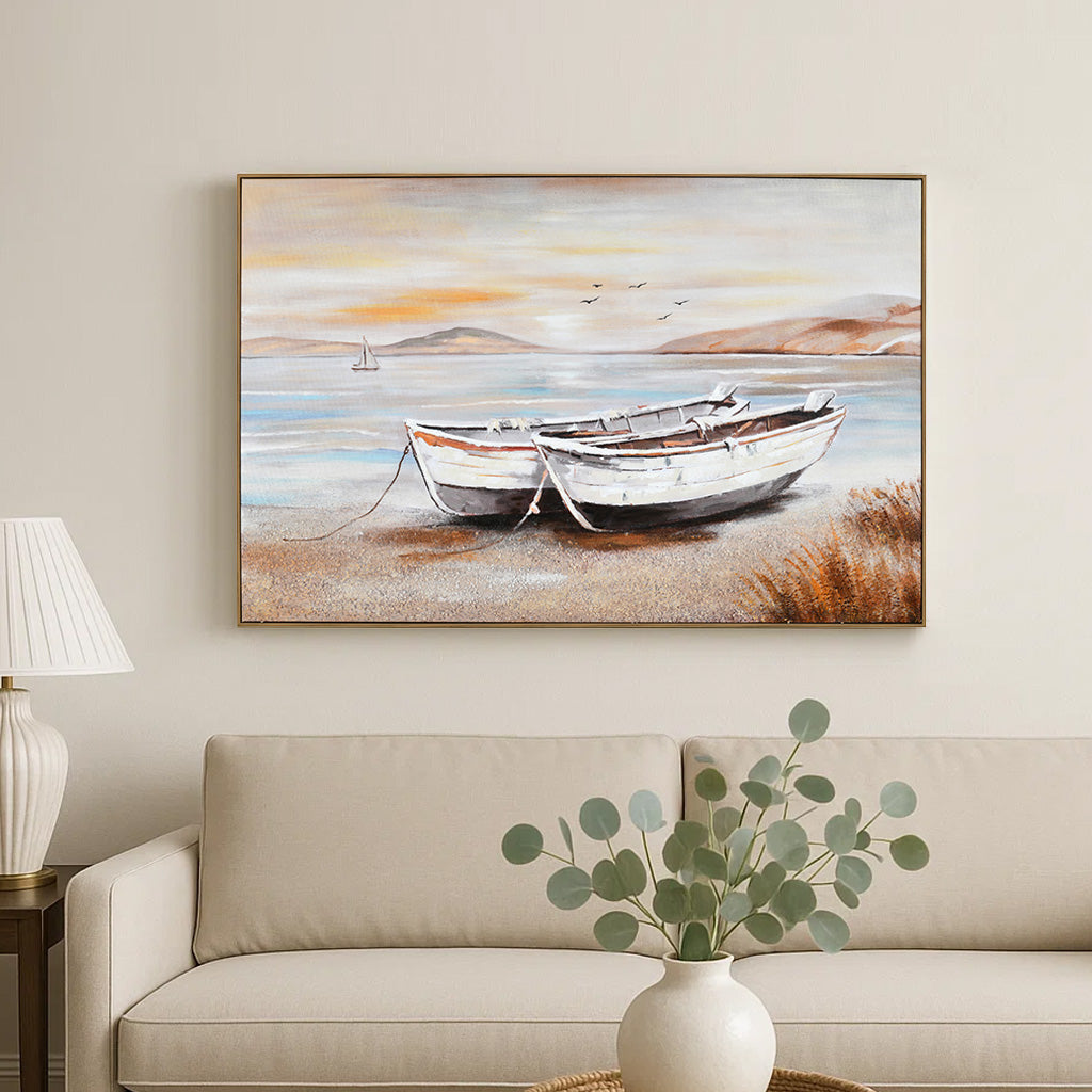 Beachside Boats Canvas Wall Painting (Multicolor)