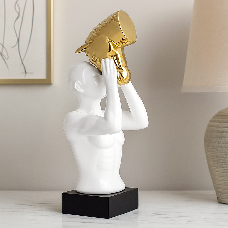 Man and Horse Ceramic & MDF Showpiece- White & Gold
