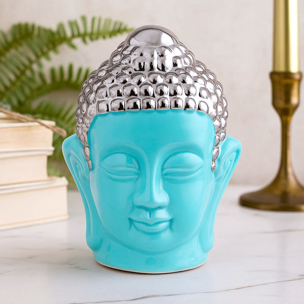 Buddha Face Decorative Ceramic Showpiece- Sea green & Silver