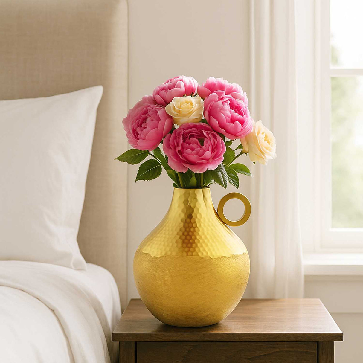 Criss Cross Textured Matki Shaped Large Metal Vase- Gold