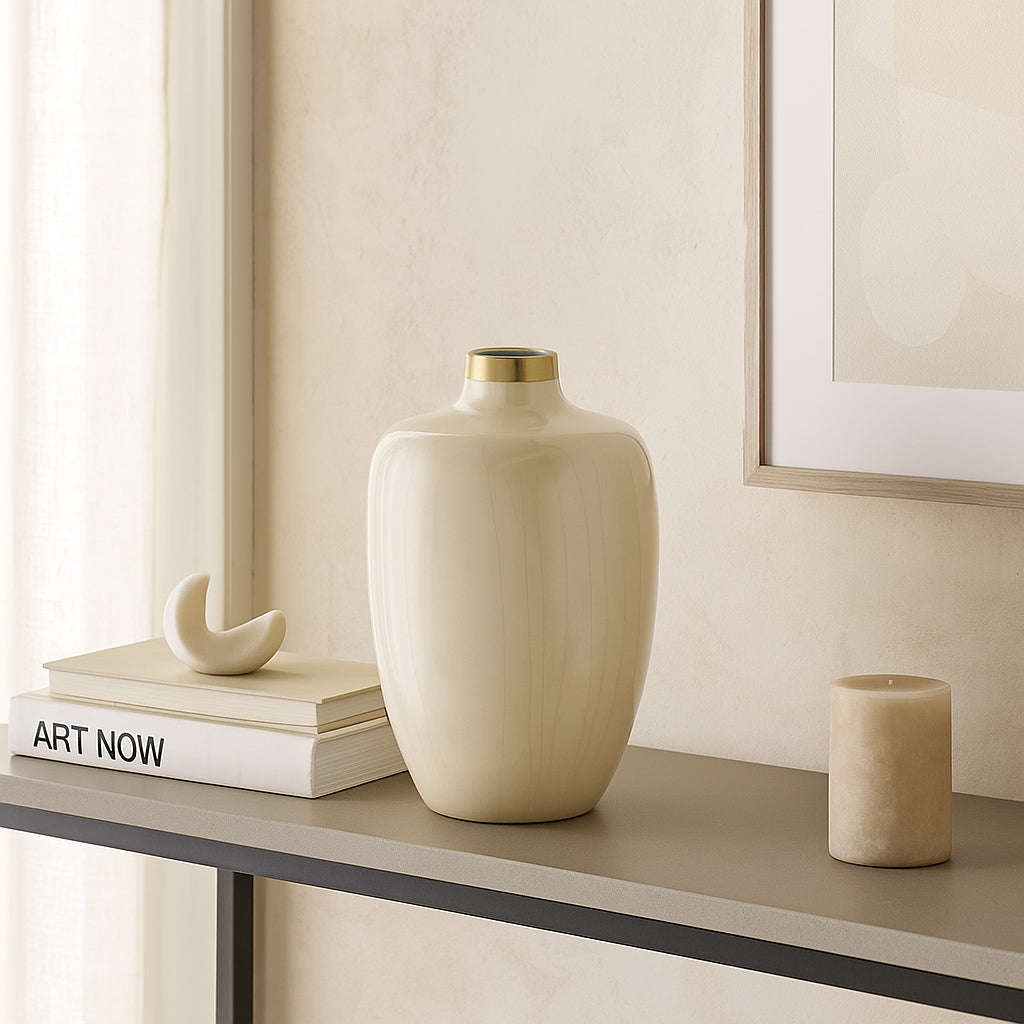 Semi Oval Metal Vase- Cream and Gold