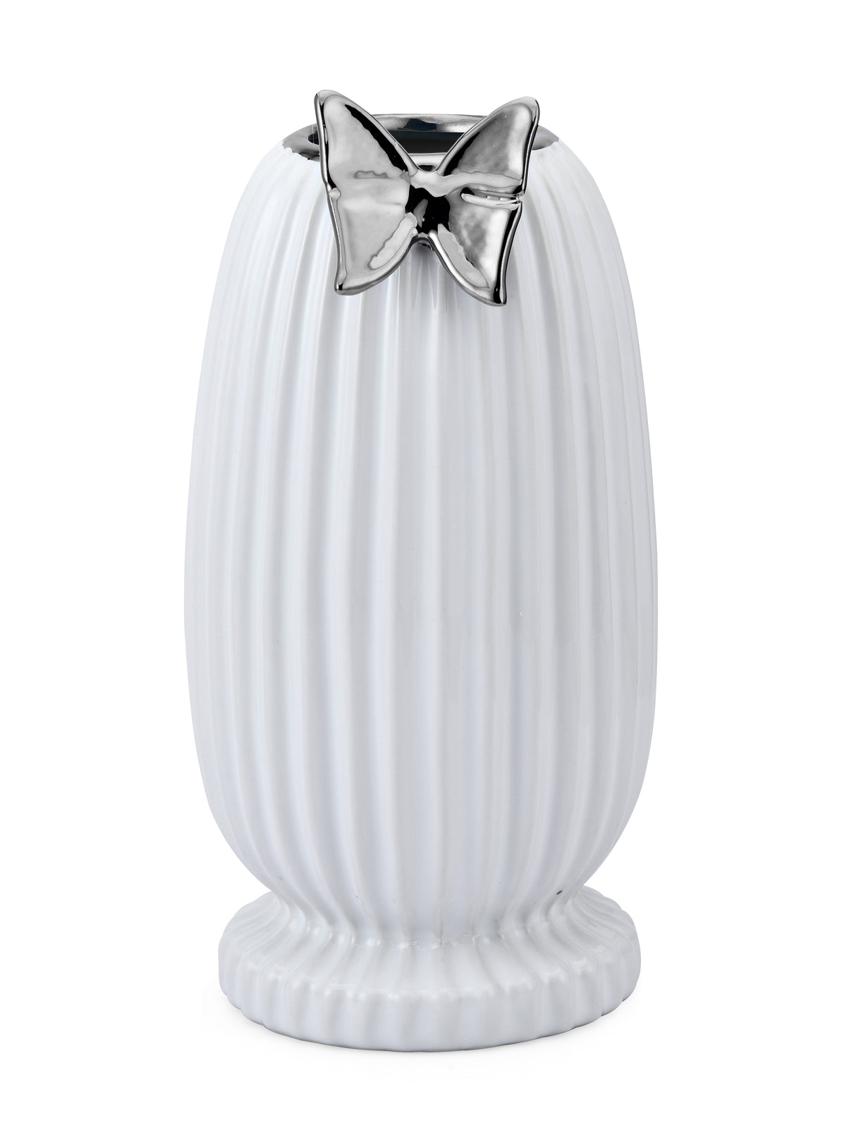 Butterfly Tumbler Ceramic Vase- White & Silver