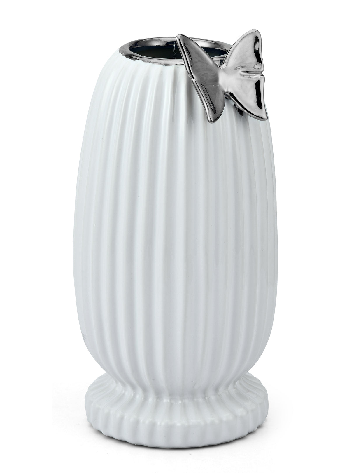 Butterfly Tumbler Ceramic Vase- White & Silver