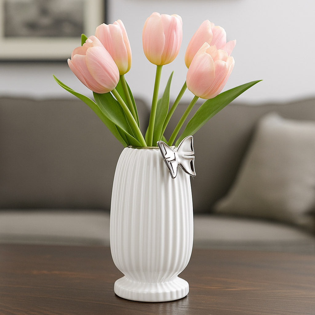 Butterfly Tumbler Ceramic Vase- White & Silver