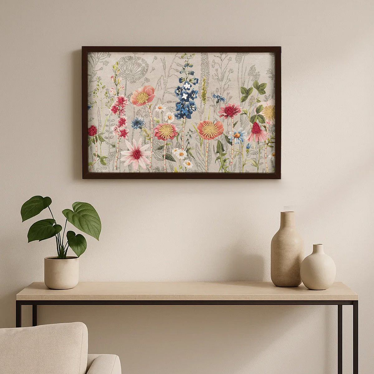 Tropical Bloom Embroidered Wall Art (Beige)