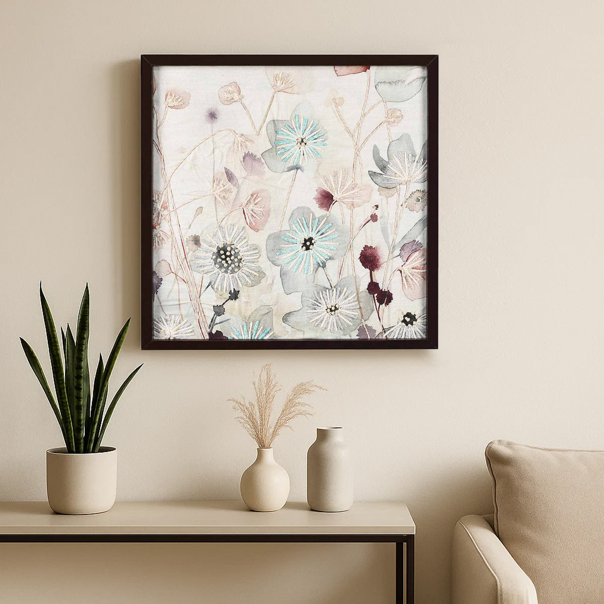Floral Embroidered Wall Art (Pink & Beige)