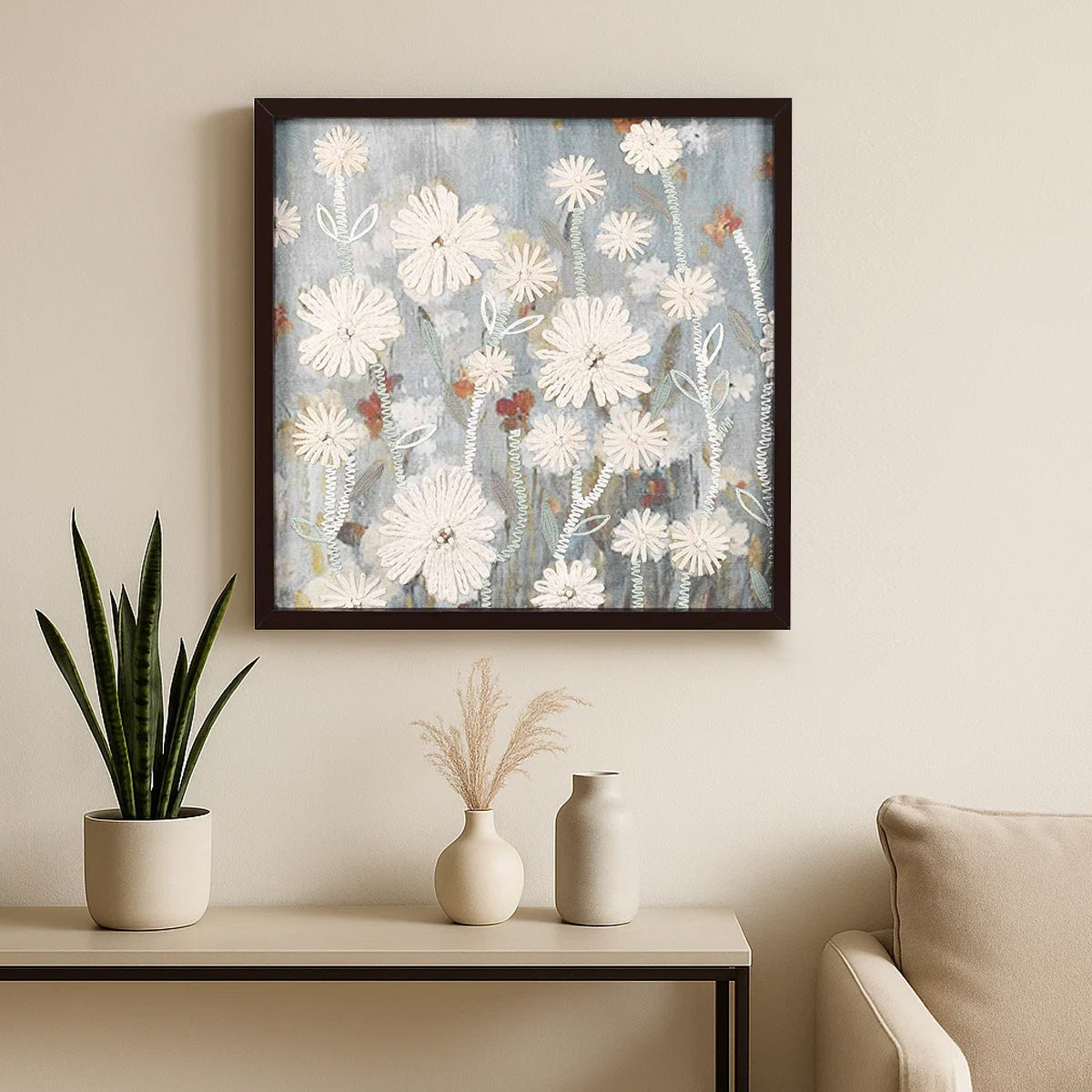 Floral Embroidered Wall Art (White & Blue)