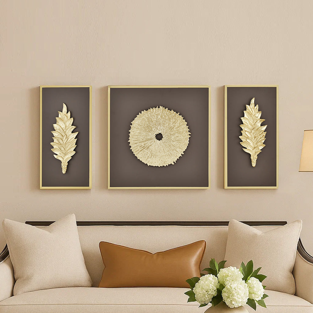 Disc and Leaf Metal & MDF Wall Art Set of 3 (Gold & Brown)