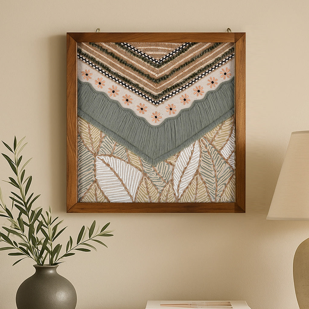 Textile tropical boho wall art in wooden frame 1