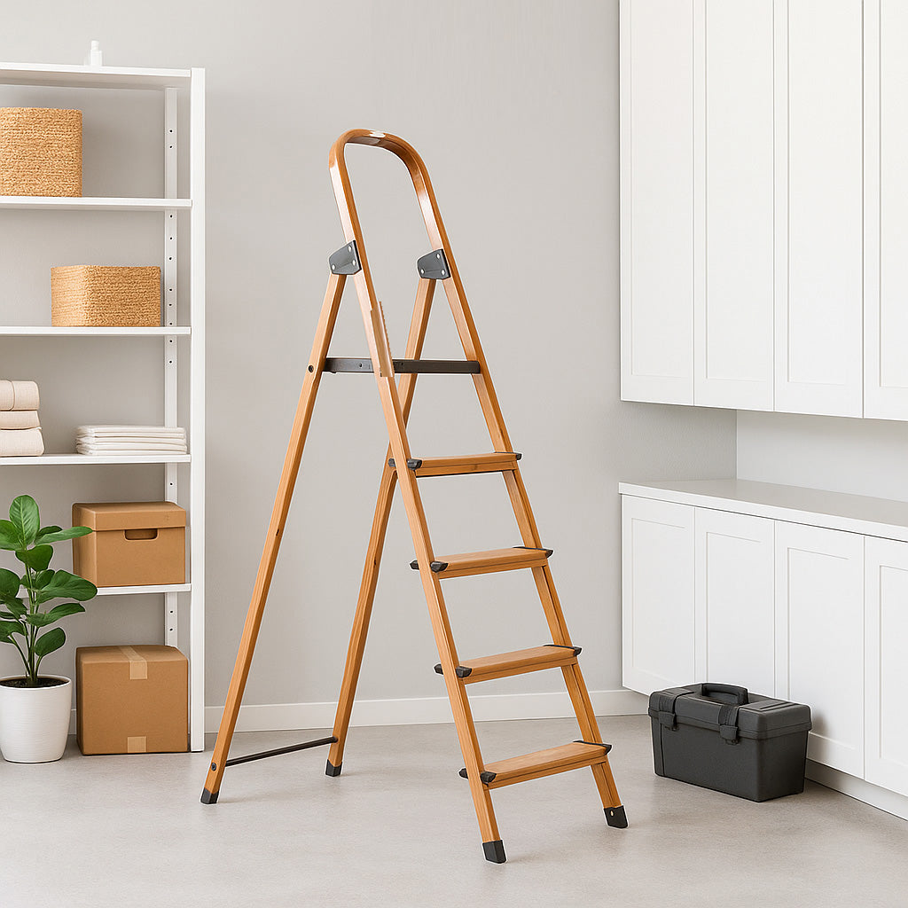 5 Steps Wooden Finished Foldable Aluminum Ladder- Brown