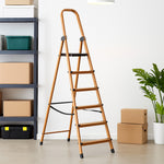 6 Steps Wooden Finished Foldable Aluminum Ladder- Brown
