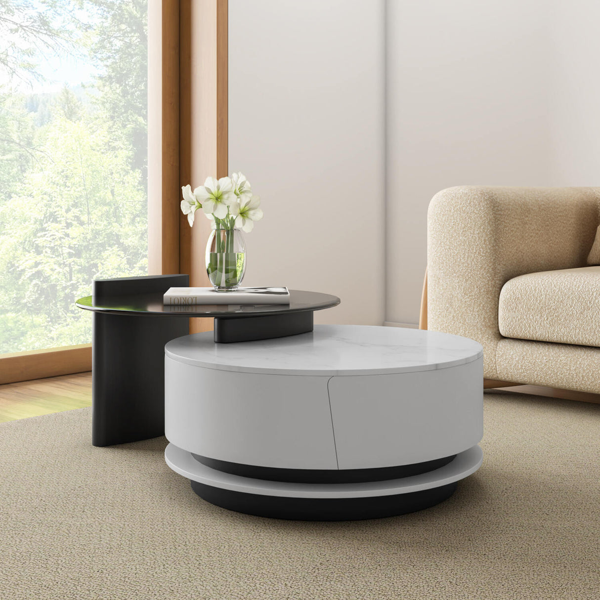 Kairos Ceramic and Glass Top Center Table (White & Dark Walnut)