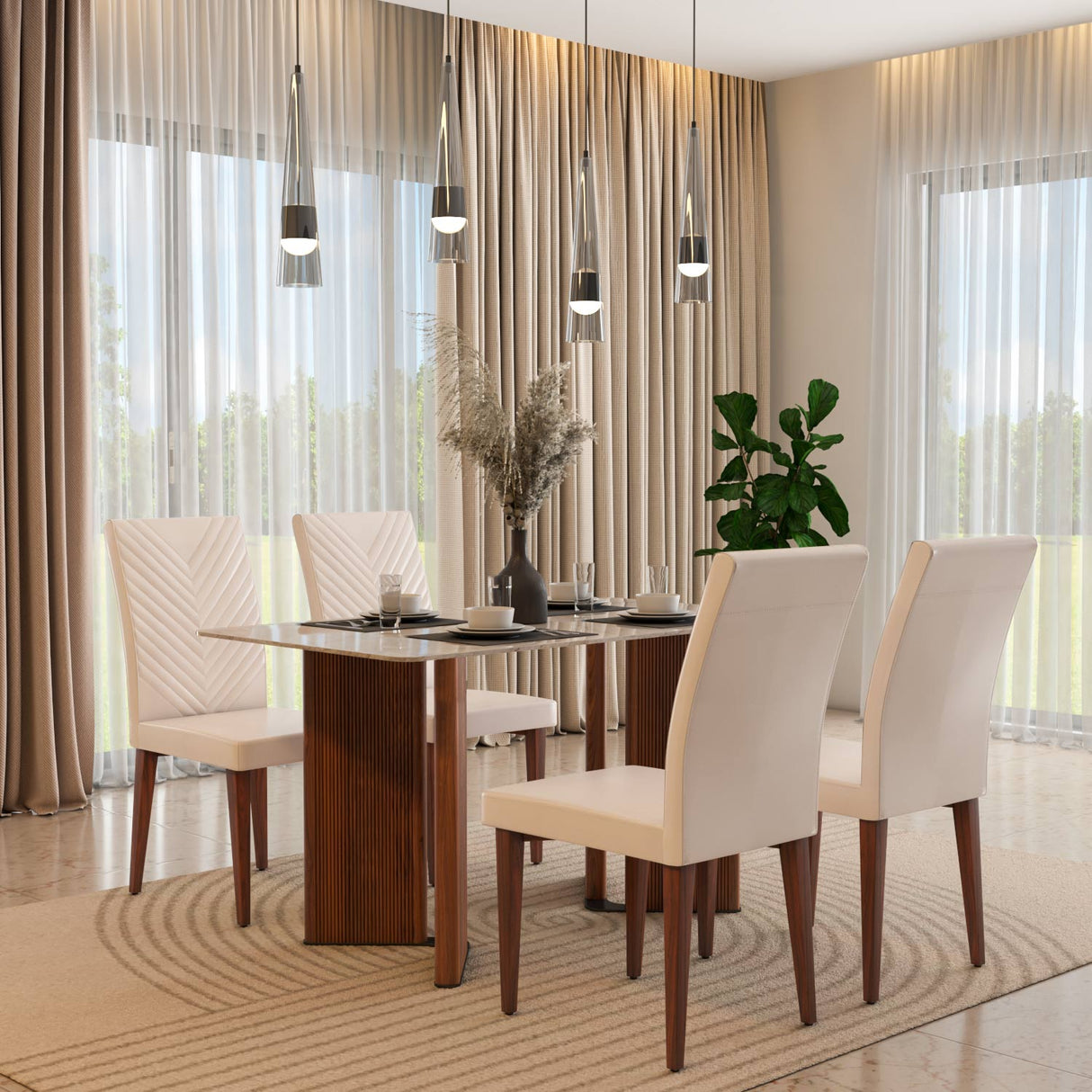 4 Seater Bevon Ceramic Dining Set with Dexor Base and Linzy Chairs- Cloud Beige