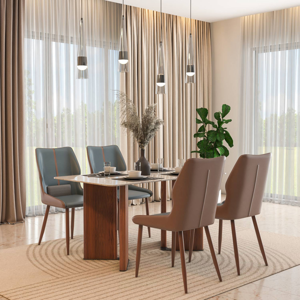 4 Seater Bevon Ceramic Dining Set with Dexor Base and Ellipse Chairs- Cloud Beige