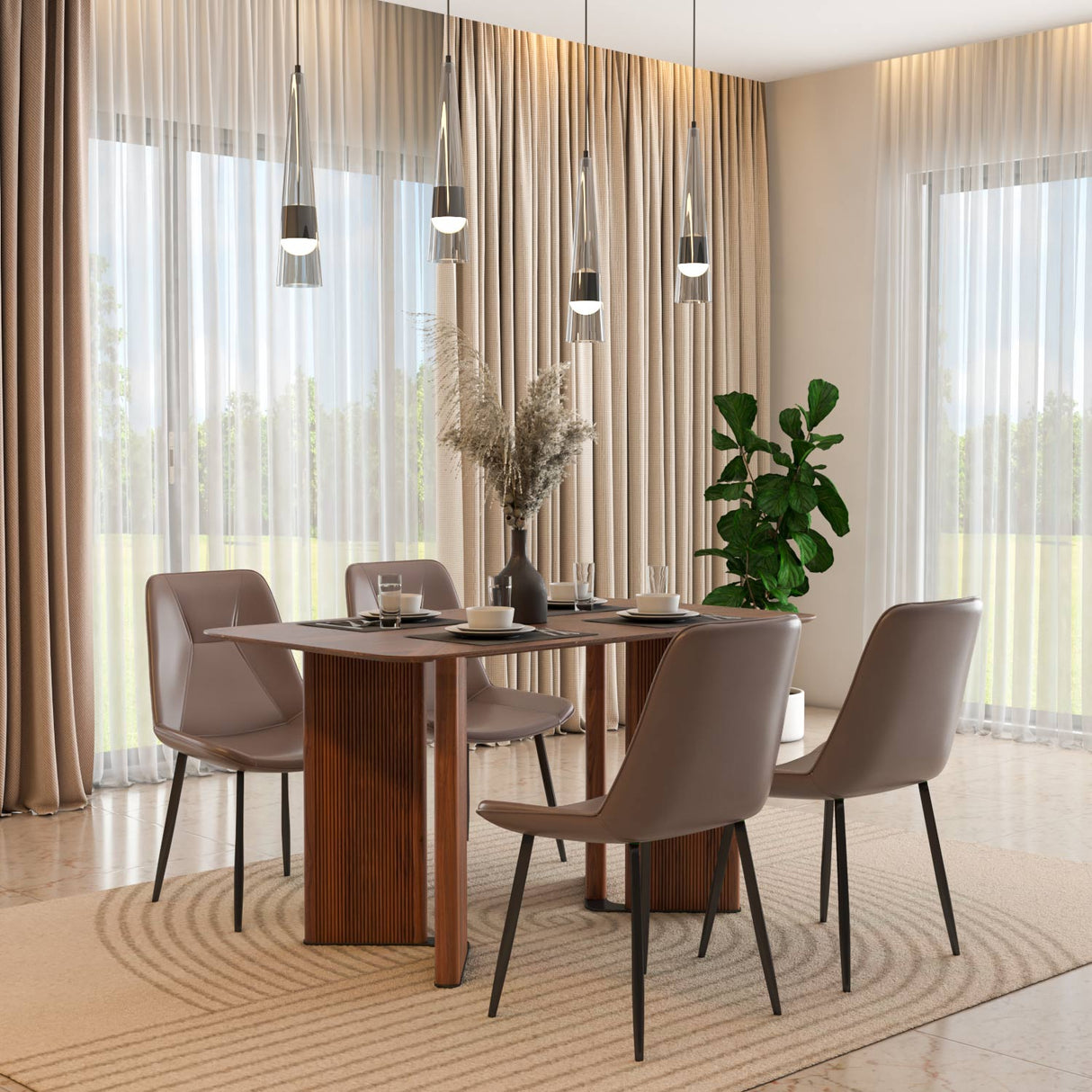 4 Seater Parquel Wooden Dining Set with Dexor Base and Nivo Chairs- Walnut Brown