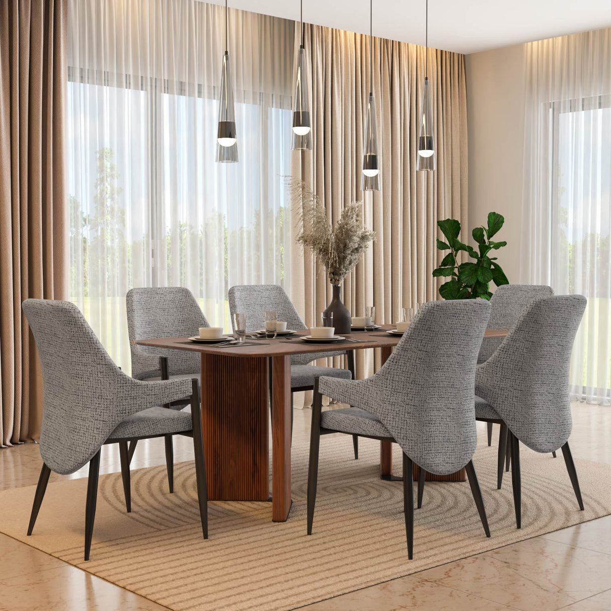 6 Seater Parquel Wooden Dining Set with Dexor Base and Tierra Chairs- Walnut Brown