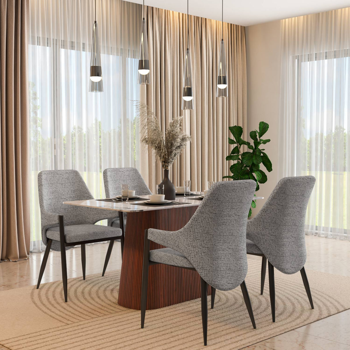 4 Seater Allune Ceramic Dining Set with Flinda Base and Tierra Chairs- Ash White