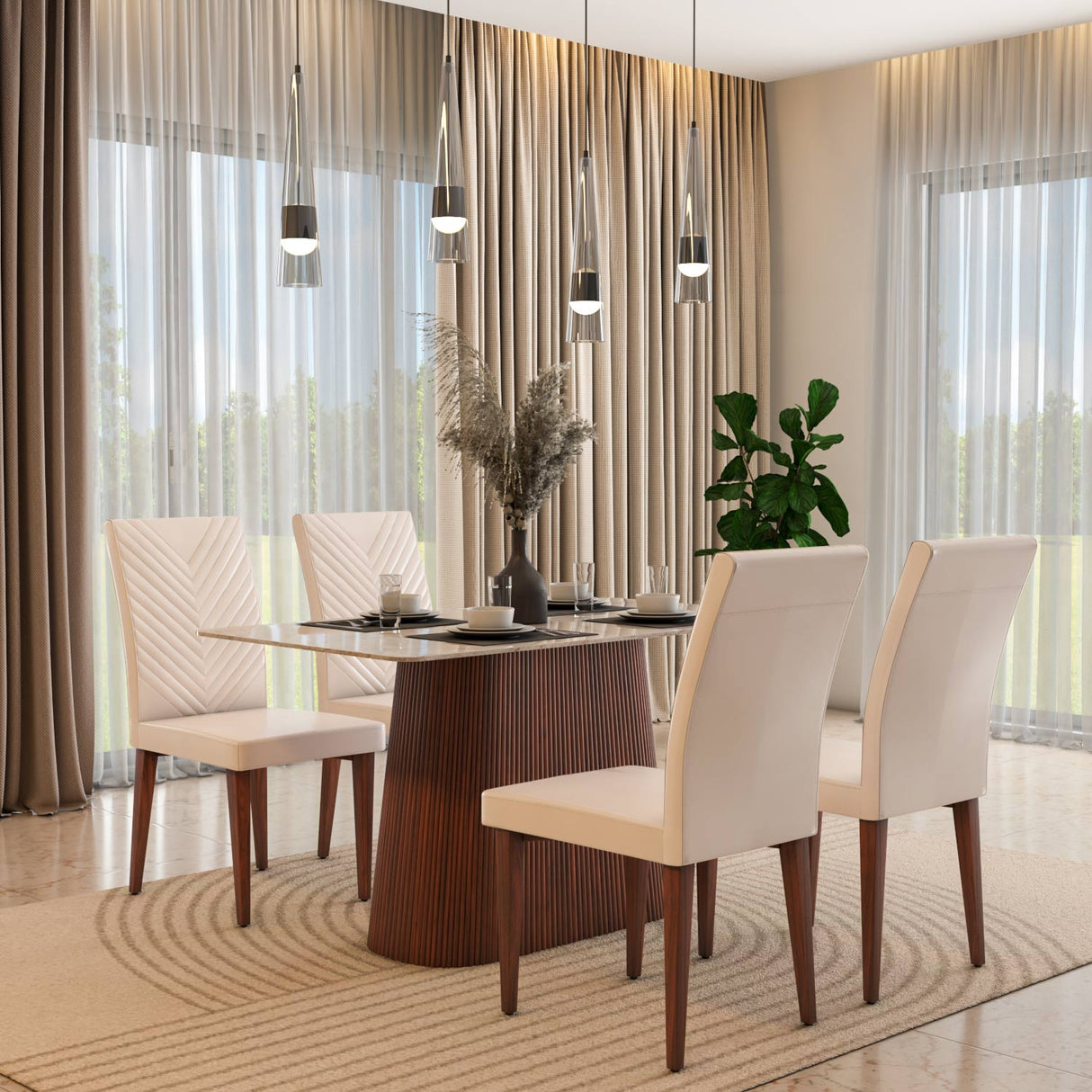 4 Seater Bevon Ceramic Dining Set with Flinda Base and Linzy Chairs- Cloud Beige