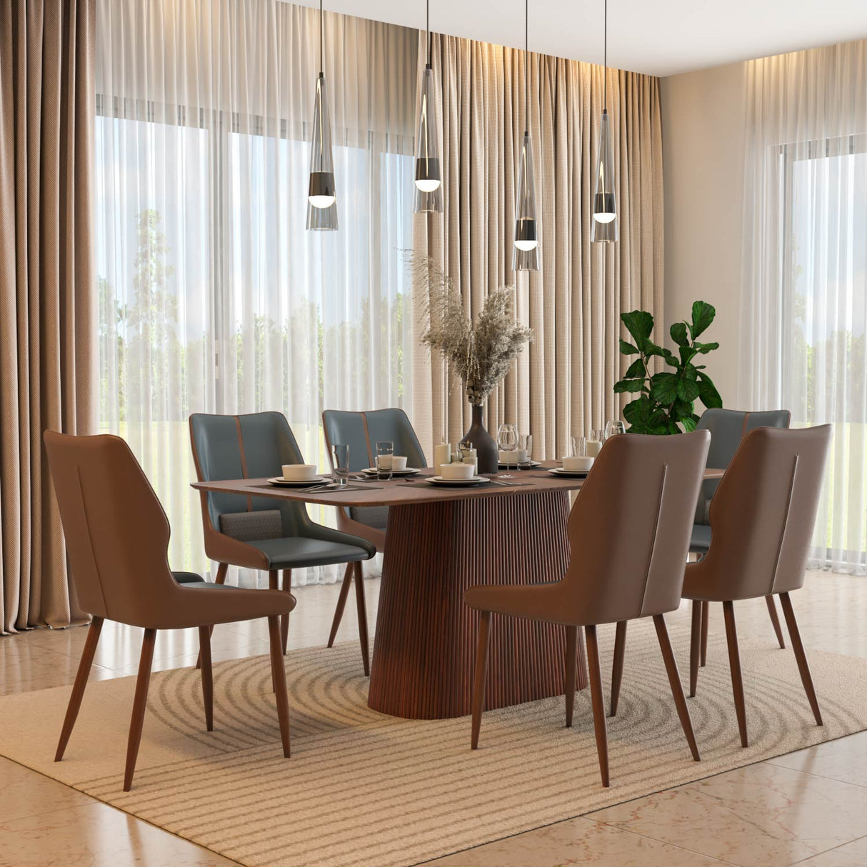 6 Seater Parquel Wooden Dining Set with Flinda Base and Ellipse Chairs- Walnut Brown