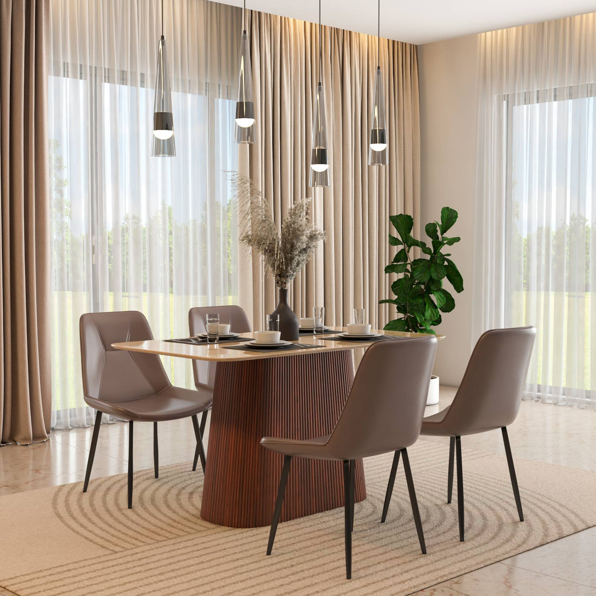 4 Seater Trava Marble Dining Set with Flinda Base and Nivo Chairs- Travertine