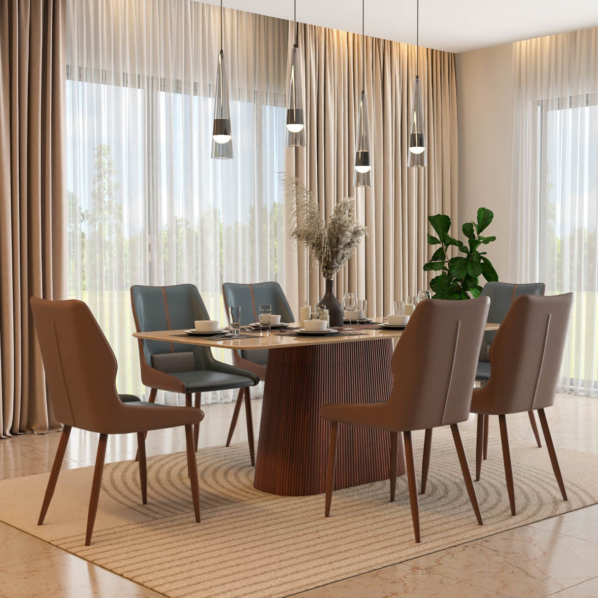 6 Seater Trava Marble Dining Set with Flinda Base and Ellipse Chairs- Travertine