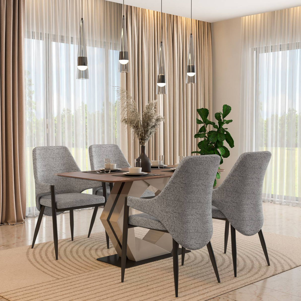 4 Seater Parquel Wooden Dining Set with Hexin Base and Tierra Chairs- Walnut Brown