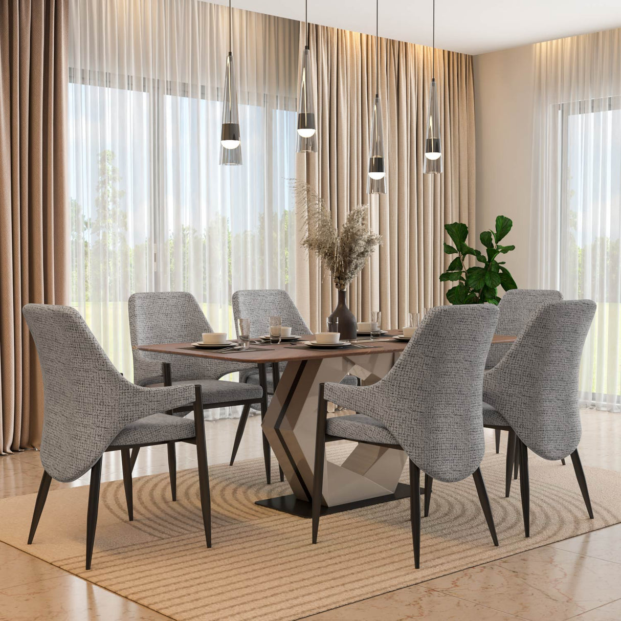 6 Seater Parquel Wooden Dining Set with Hexin Base and Tierra Chairs- Walnut Brown