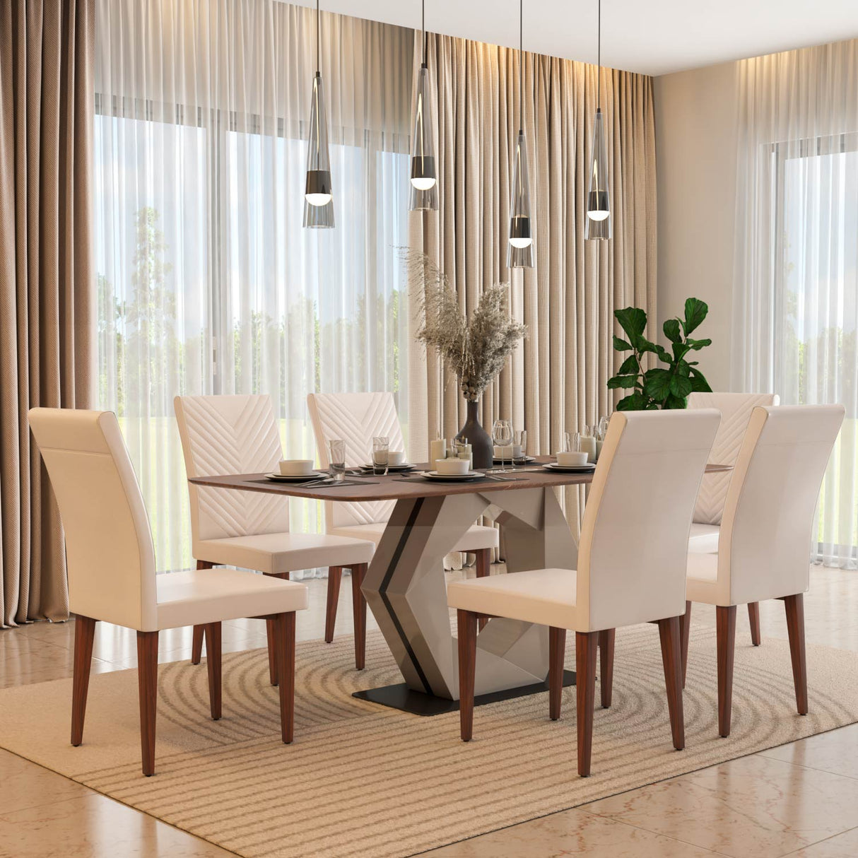 6 Seater Parquel Wooden Dining Set with Hexin Base and Linzy Chairs- Walnut Brown