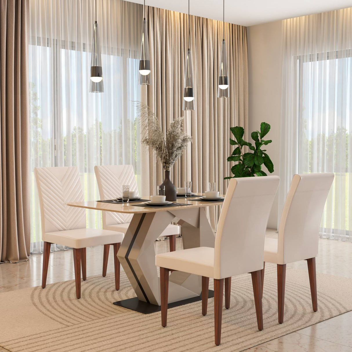 4 Seater Trava Marble Dining Set with Hexin Base and Linzy Chairs- Travertine