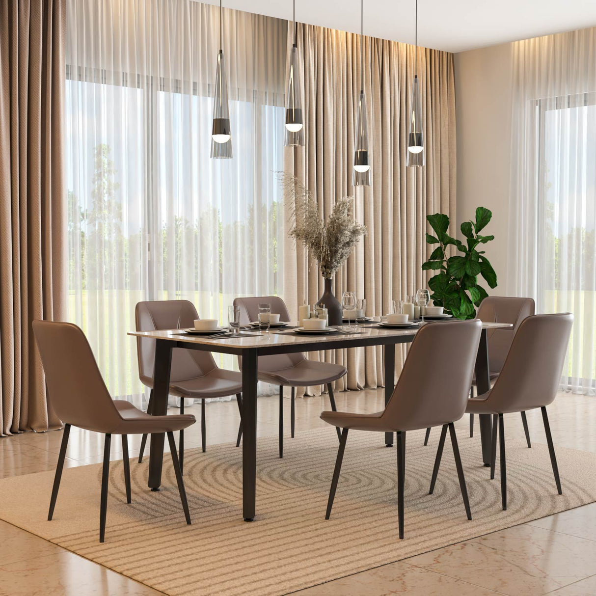 6 Seater Bevon Ceramic Dining Set with Quado Base and Nivo Chairs- Cloud Beige