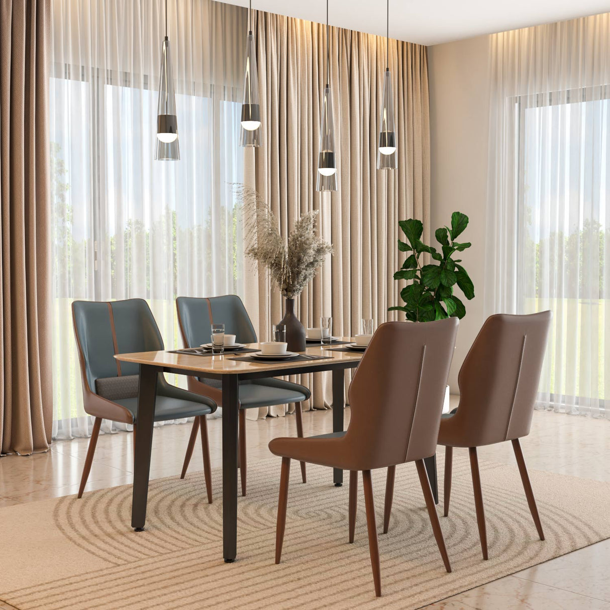 4 Seater Trava Marble Dining Set with Quado Base and Ellipse Chairs- Travertine