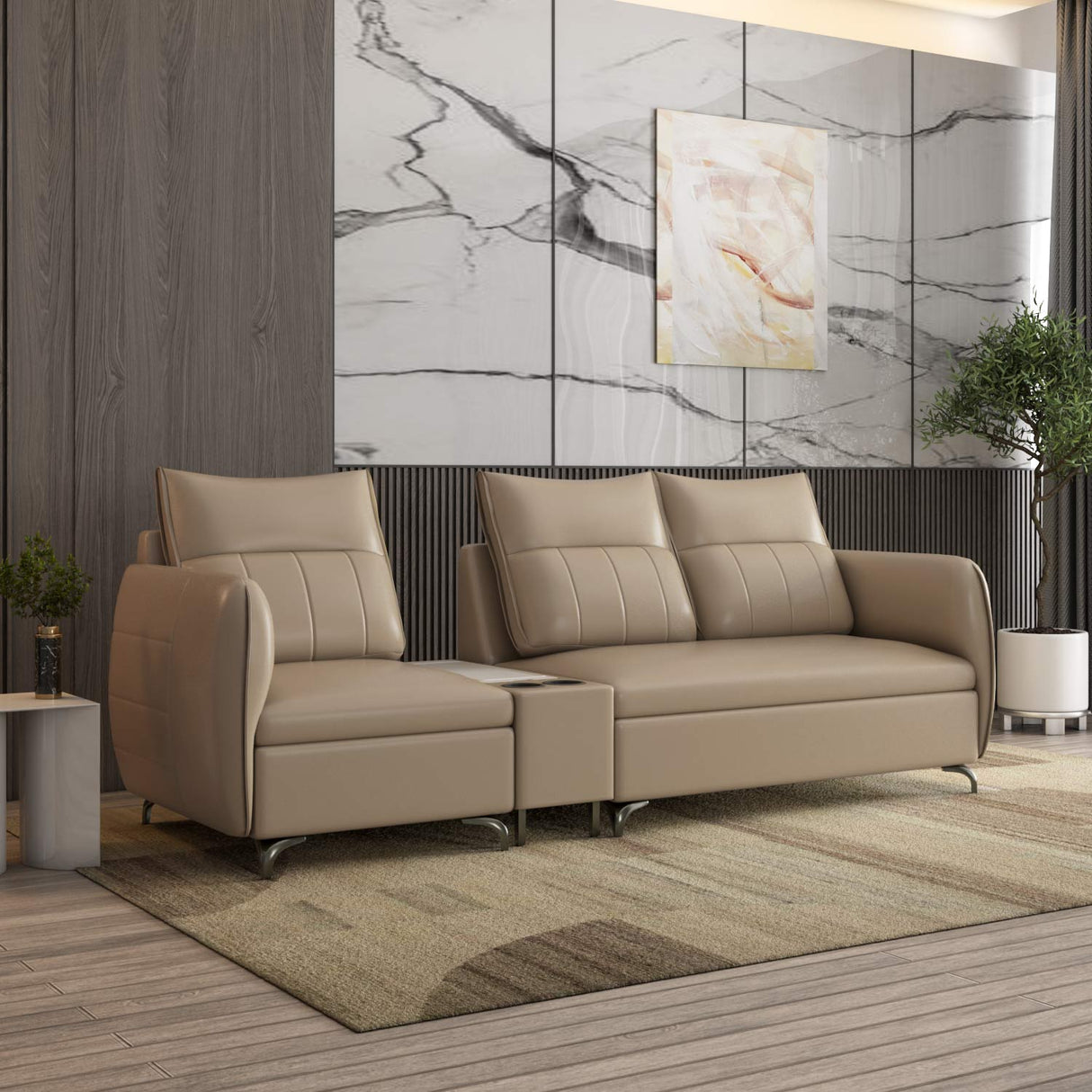 Infinia 1+2 Seater Leatherette Sofa Set with Rectangle Console- Beige