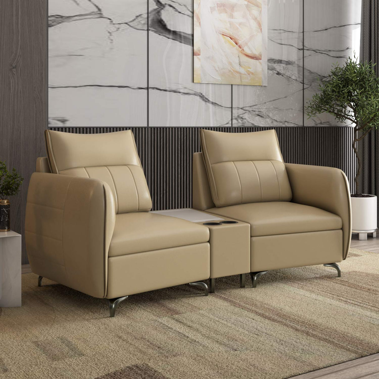 Infinia 2 Seater Leatherette Sofa with Triangle Console- Beige