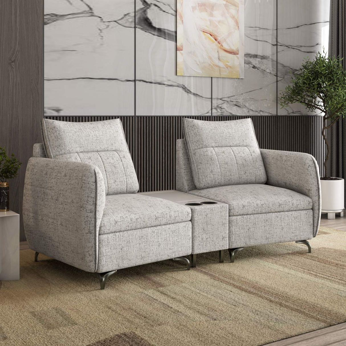 Infinia 2 Seater Fabric Sofa with Triangle Console- Off White