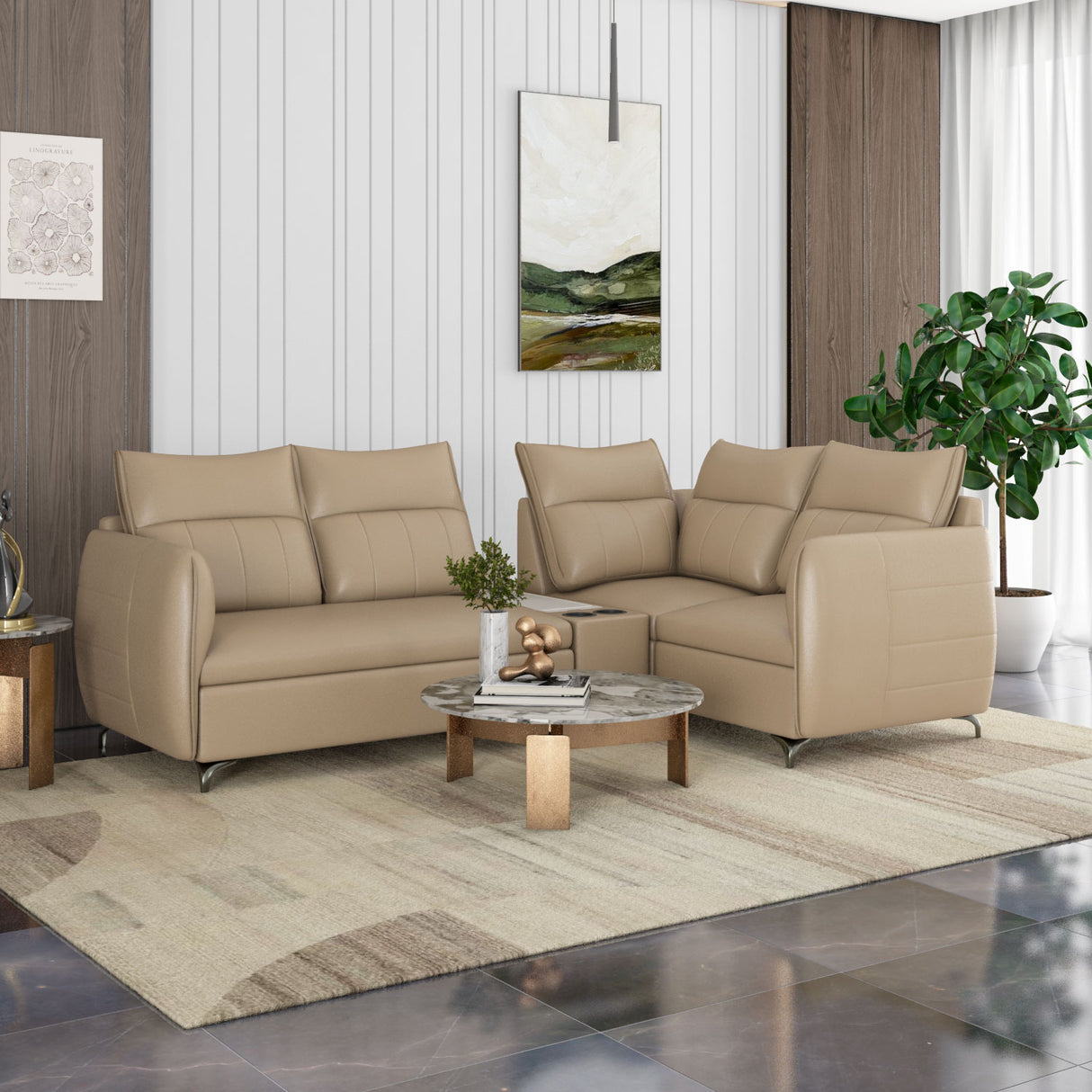 Infinia 2+1+1 Seater Leatherette Sofa Set with Left Corner Sofa and Rectangle Console- Beige