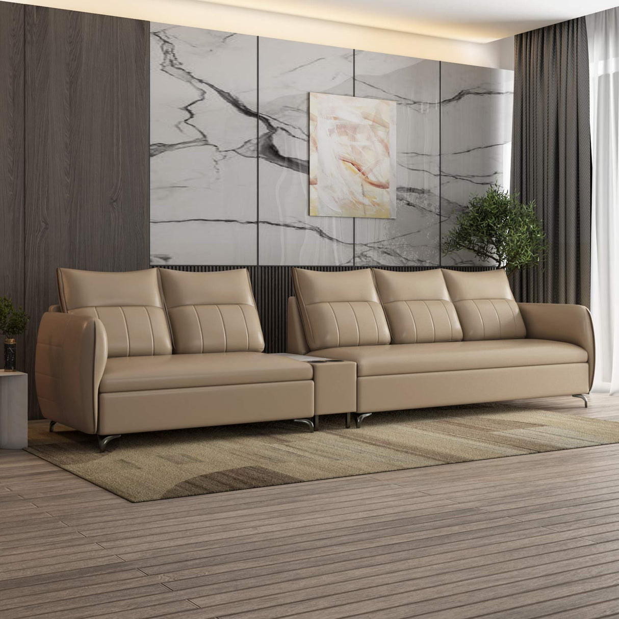 Infinia 2+3 Seater Leatherette Sofa Set with Rectangle Console- Beige