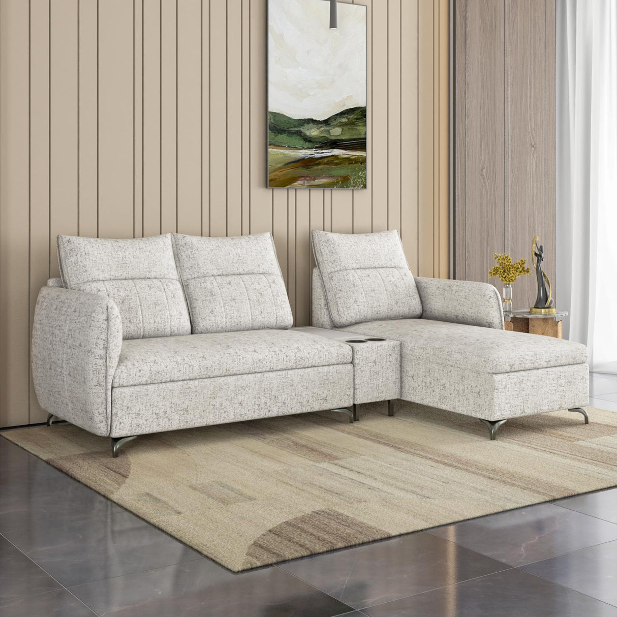 Infinia 3 Seater Fabric Sofa with Left Lounger and Rectangle Console- Off White