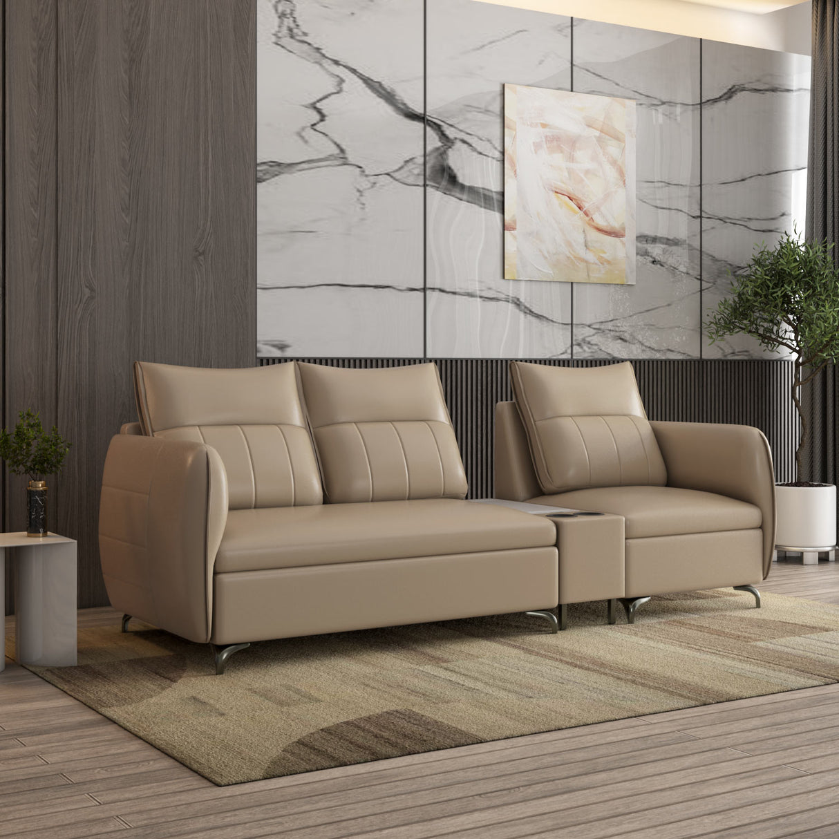 Infinia 2+1 Seater Leatherette Sofa Set with Rectangle Console- Beige