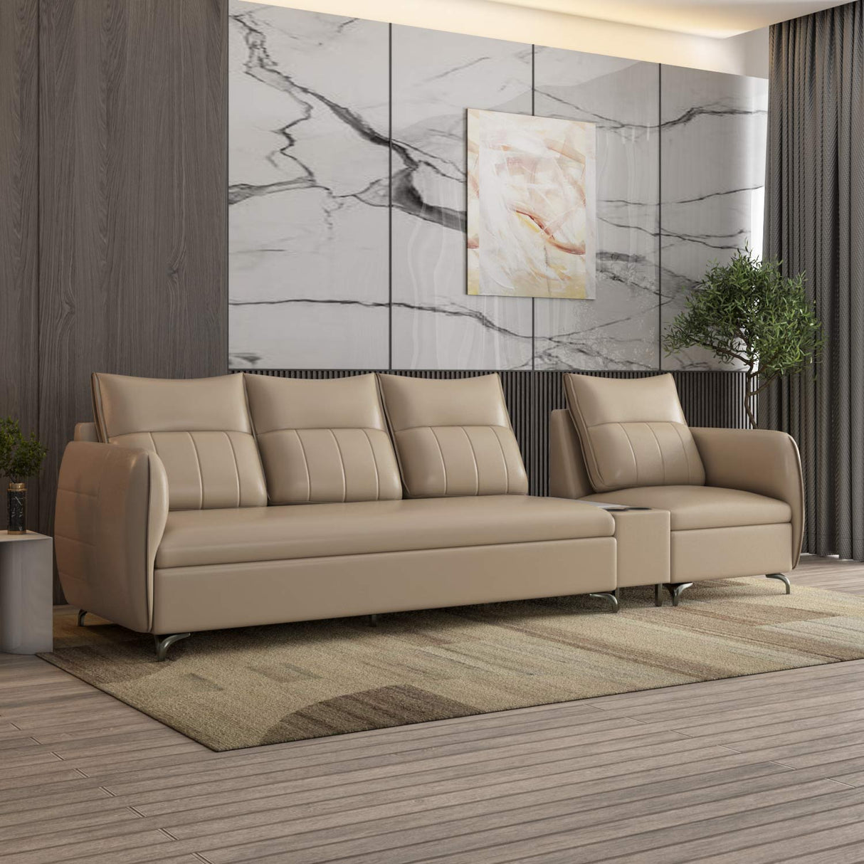 Infinia 3+1 Seater Leatherette Sofa Set with Rectangle Console- Beige