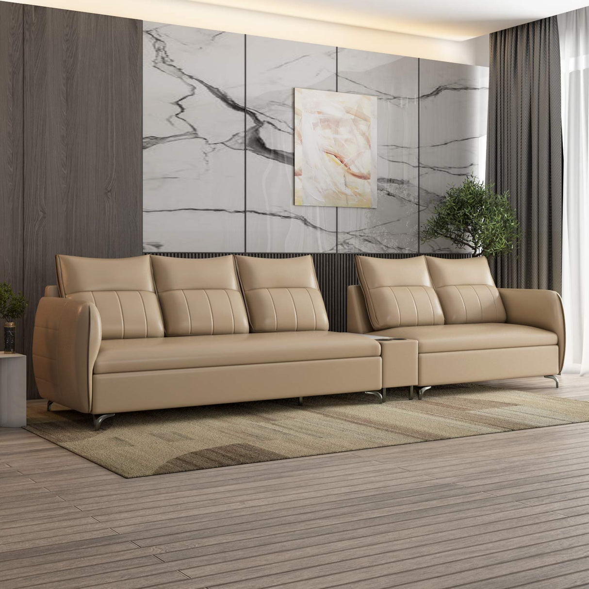Infinia 3+2 Seater Leatherette Sofa Set with Rectangle Console- Beige