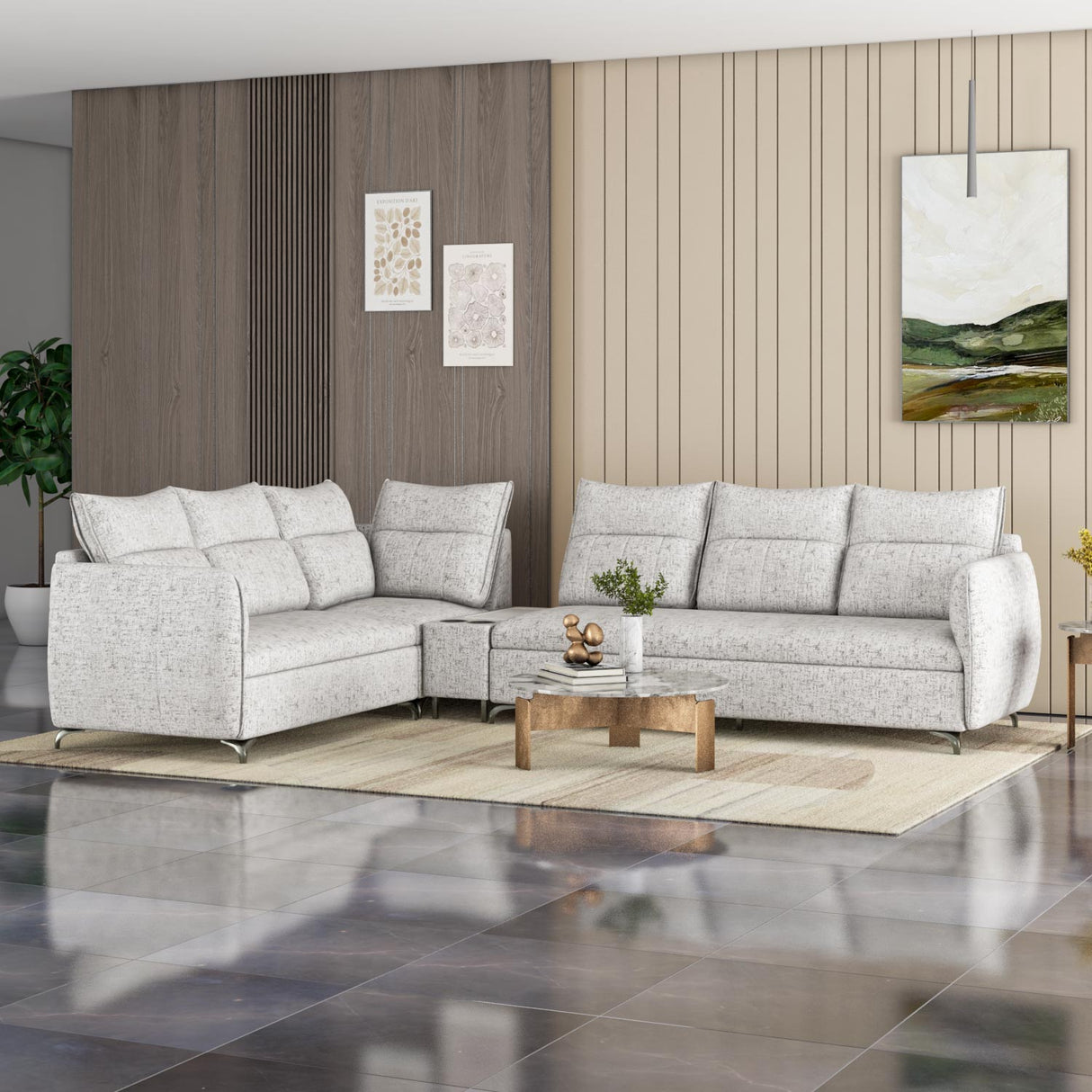 Infinia 3+2+1 Seater Fabric Sofa Set with Right Corner Sofa and Rectangle Console- Off White
