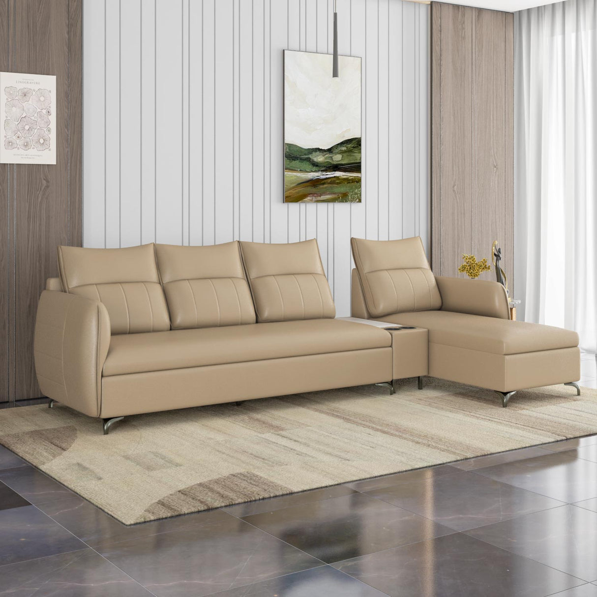 Infinia 4 Seater Leatherette Sofa with Left Lounger and Rectangle Console- Beige
