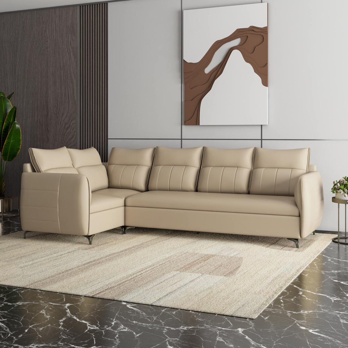 Infinia 3+1+1 Seater Leatherette Sofa Set with Right Corner Sofa- Beige