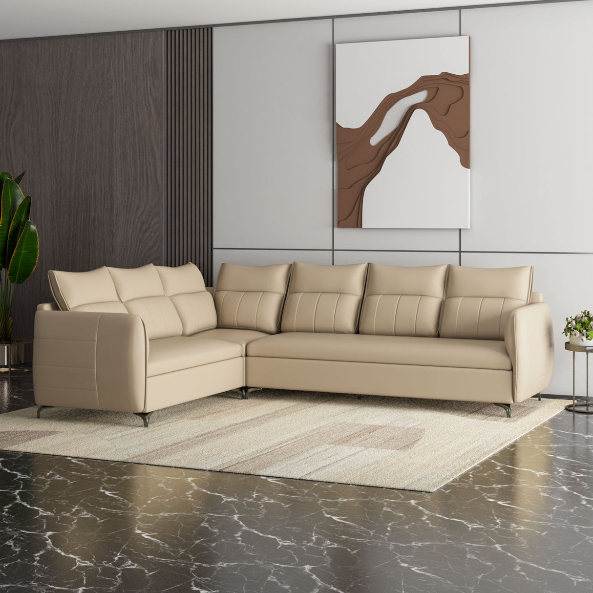 Infinia 3+2+1 Seater Leatherette Sofa Set with Right Corner Sofa- Beige