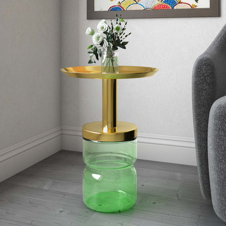 Nilkamal Leda Metal Top Glass Base Side Table Green Gold