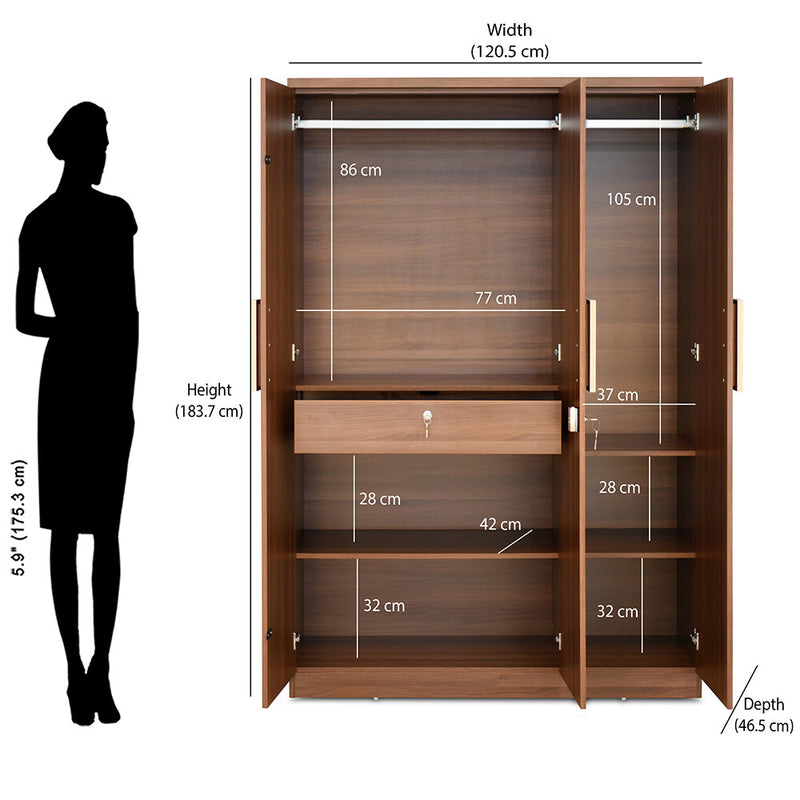 Rova 3 Door Wardrobe with Mirror (Walnut) - Size In Centimeter