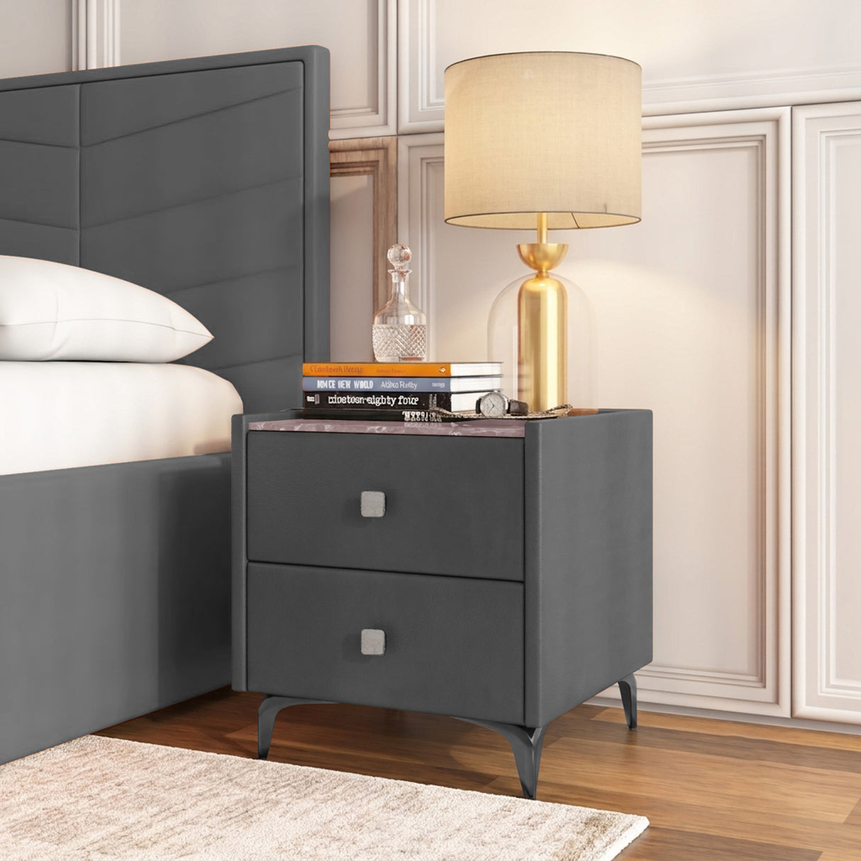 Lynn Upholstered Night Stand- Grey
